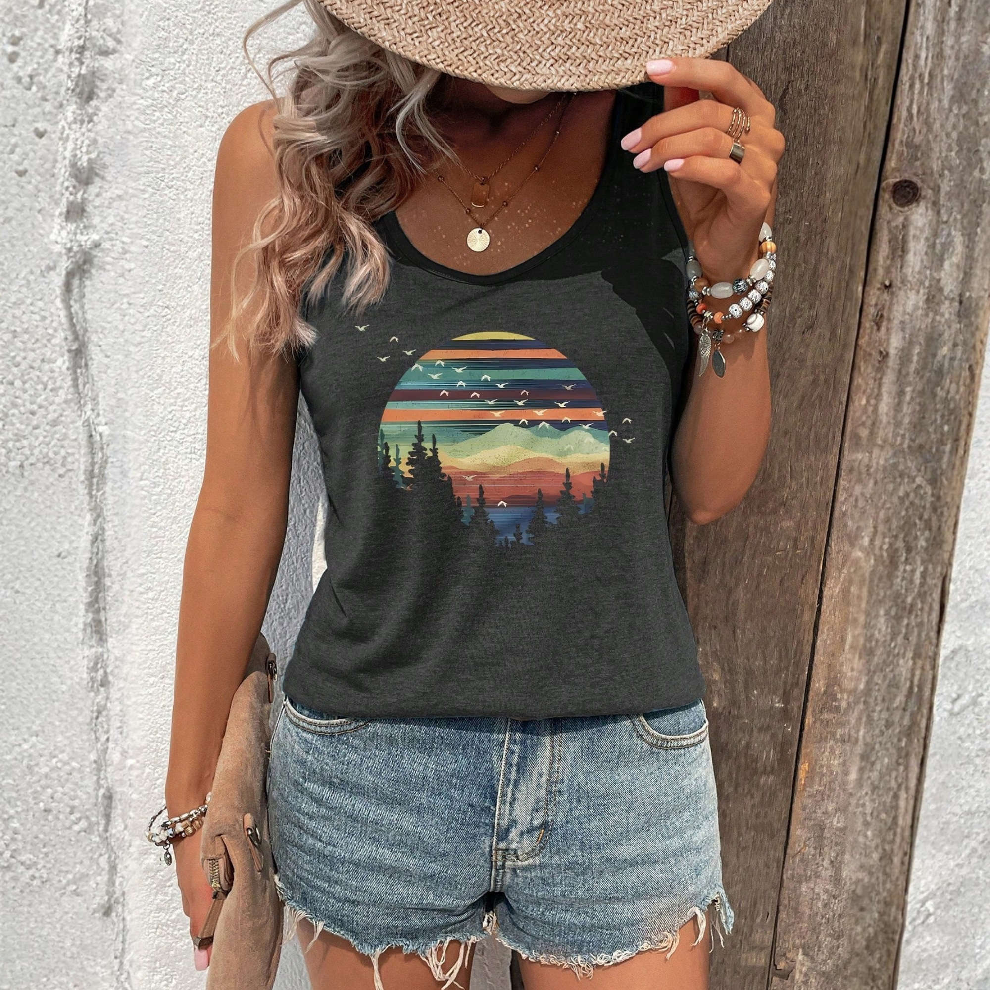 Casual Printed Slogan Round Tank Tops For Women