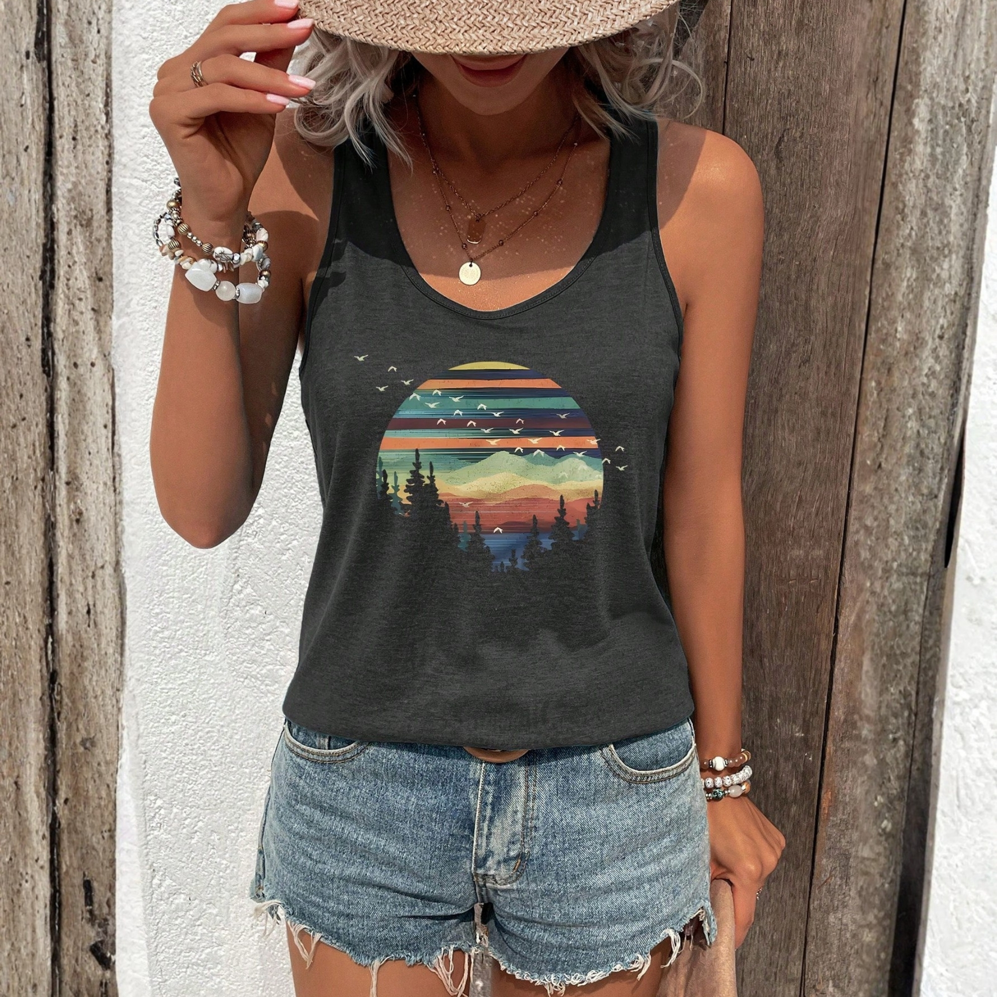 Casual Printed Slogan Round Tank Tops For Women