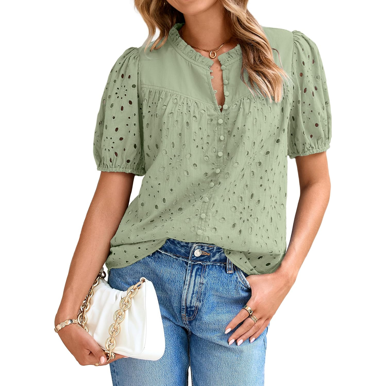 Casual Puff Sleeve Button Style Top
