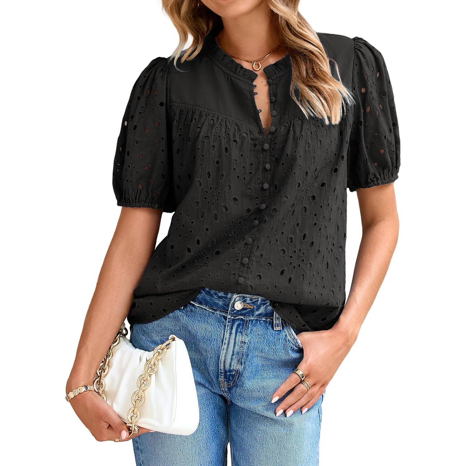 Casual Puff Sleeve Button Style Top