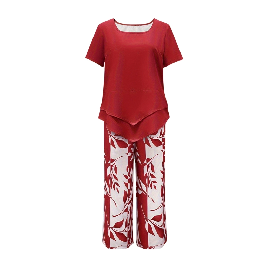 Casual Solid Color Short Sleeved Top And Botanical Print Shorts