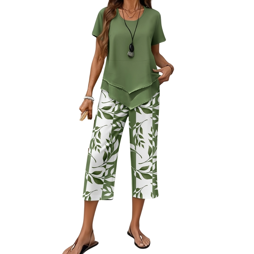 Casual Solid Color Short Sleeved Top And Botanical Print Shorts