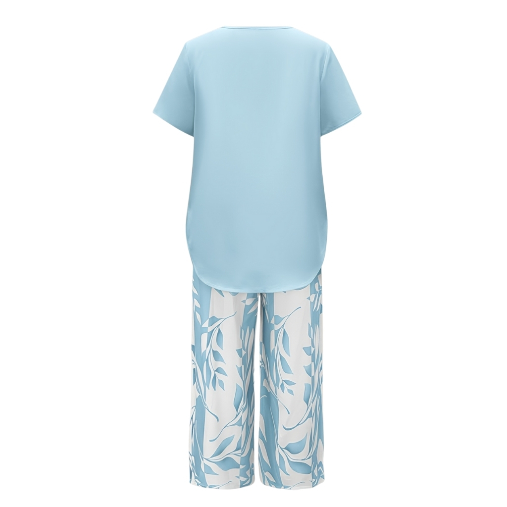 Casual Solid Color Short Sleeved Top And Botanical Print Shorts