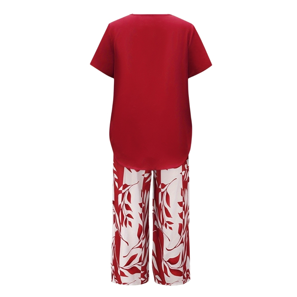 Casual Solid Color Short Sleeved Top And Botanical Print Shorts