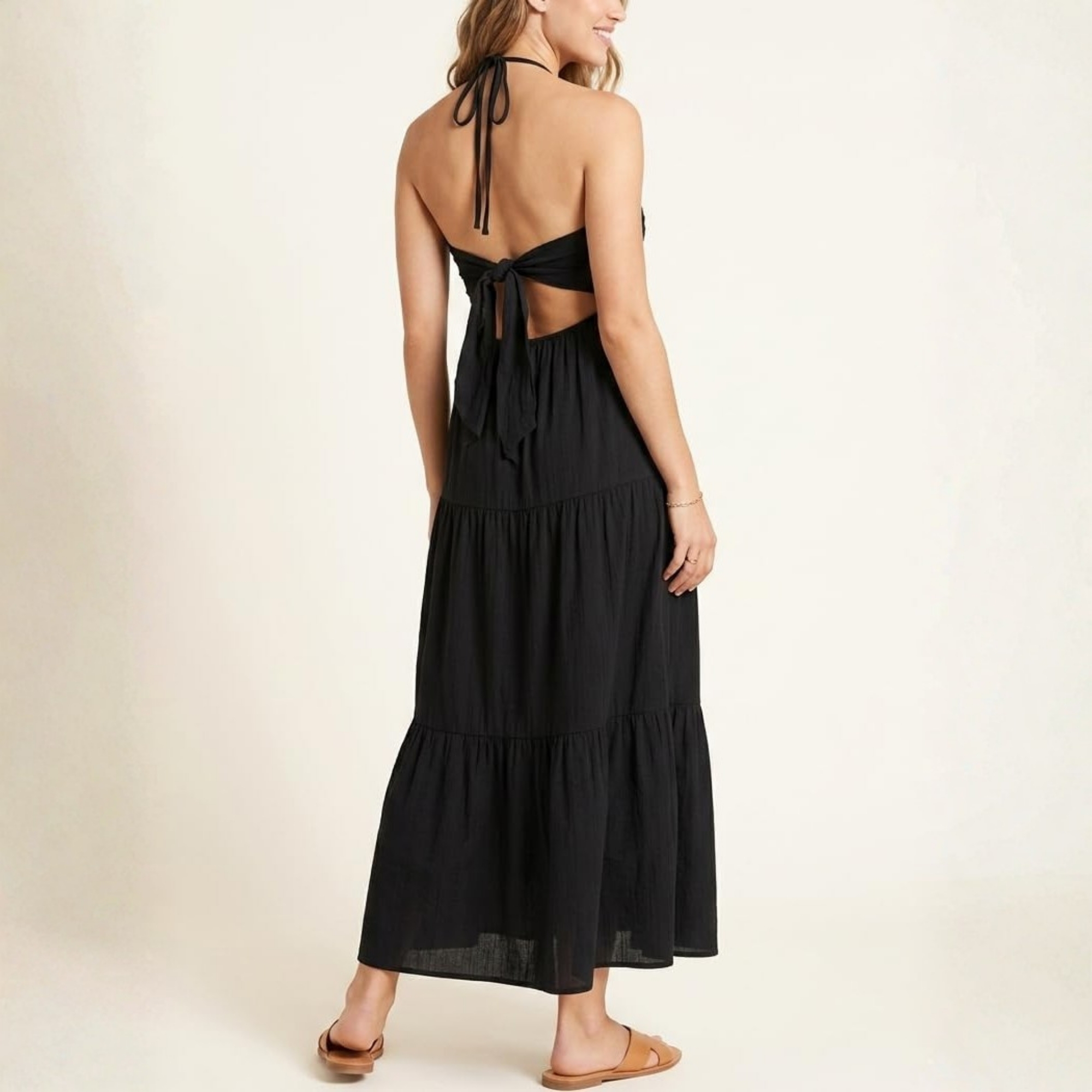 Casual Halter Tiered Vacation Maxi Dress With Pockets