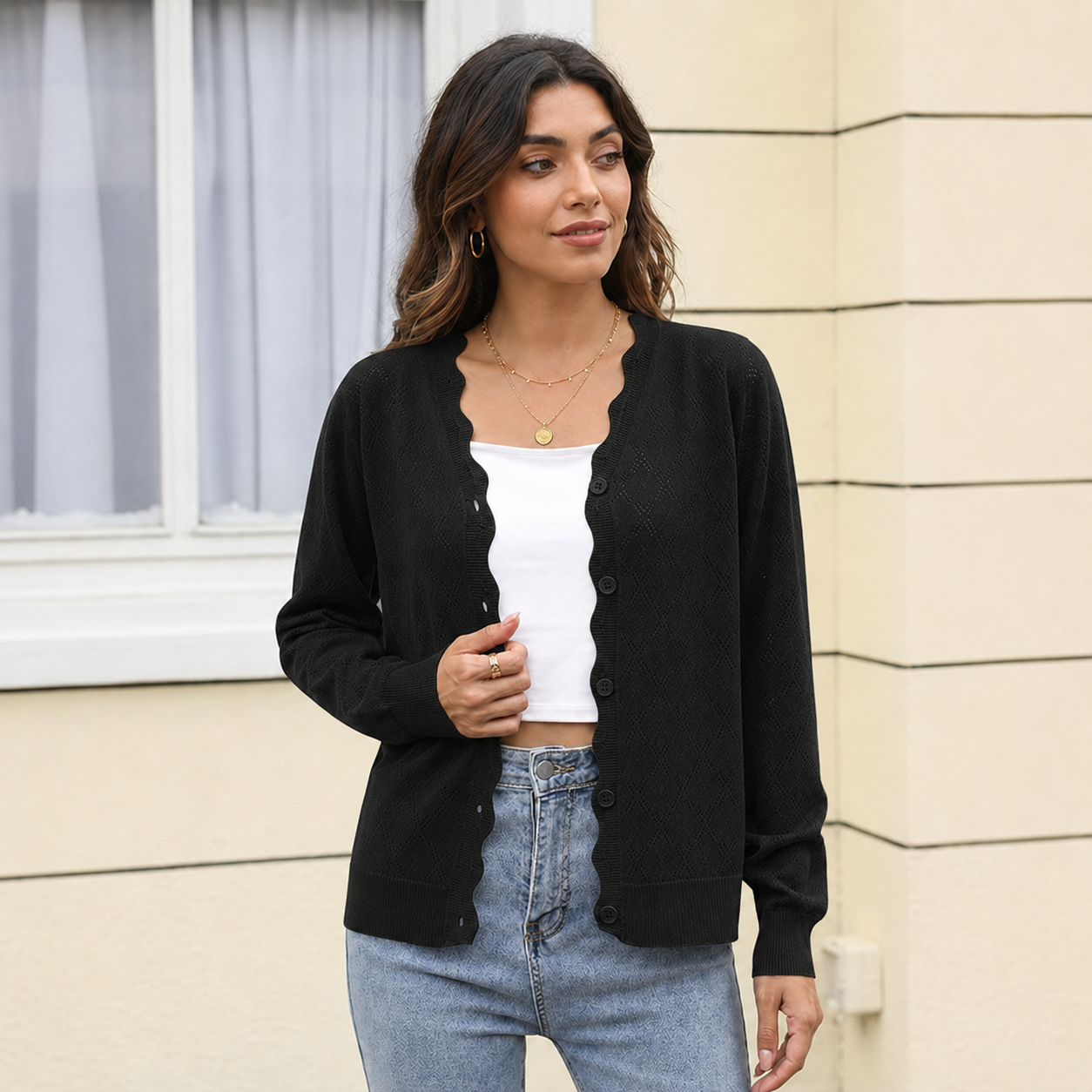 Casual Knit Front Lightweight Cardigan With Button For Women