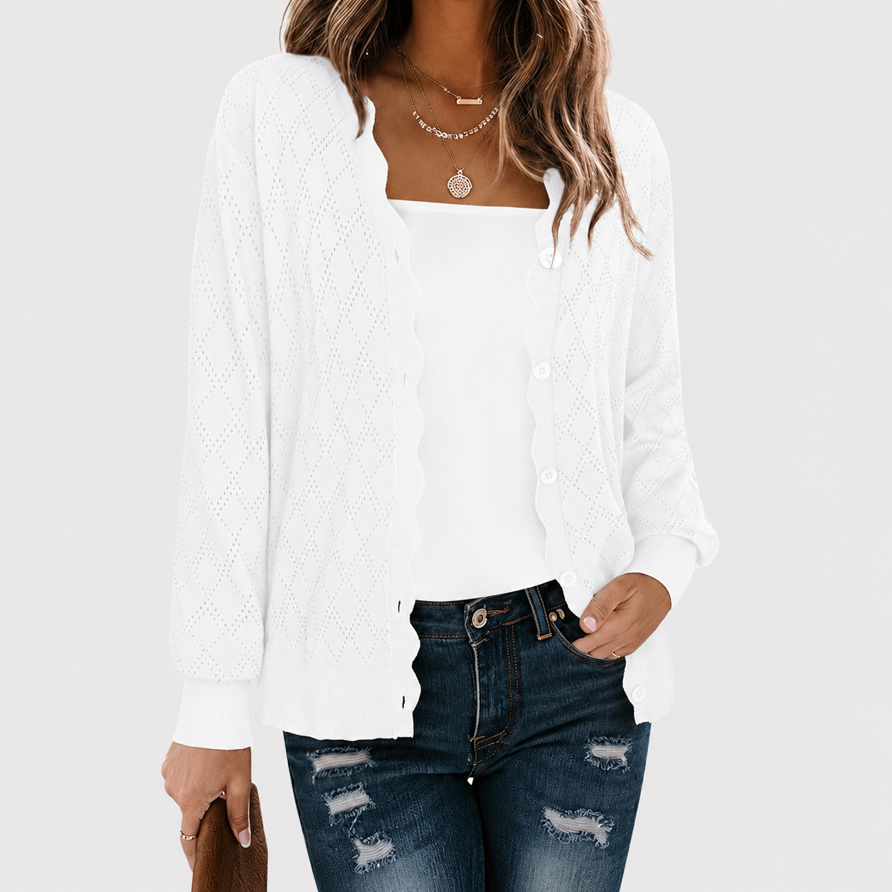 Casual Knit Front Lightweight Cardigan With Button For Women
