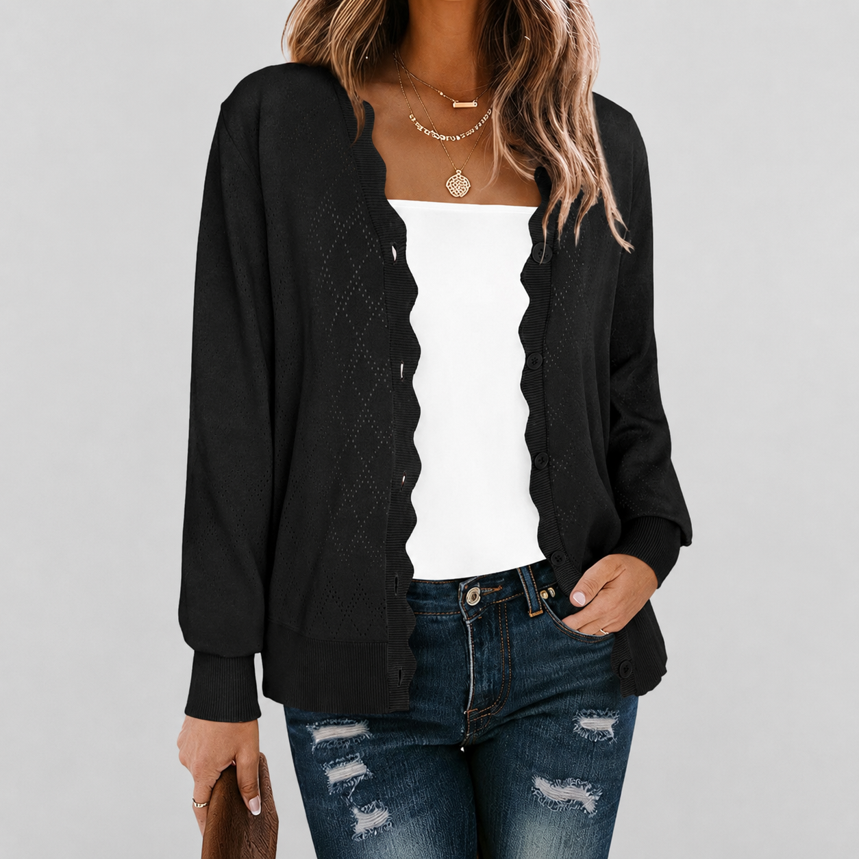 Casual Knit Front Lightweight Cardigan With Button For Women