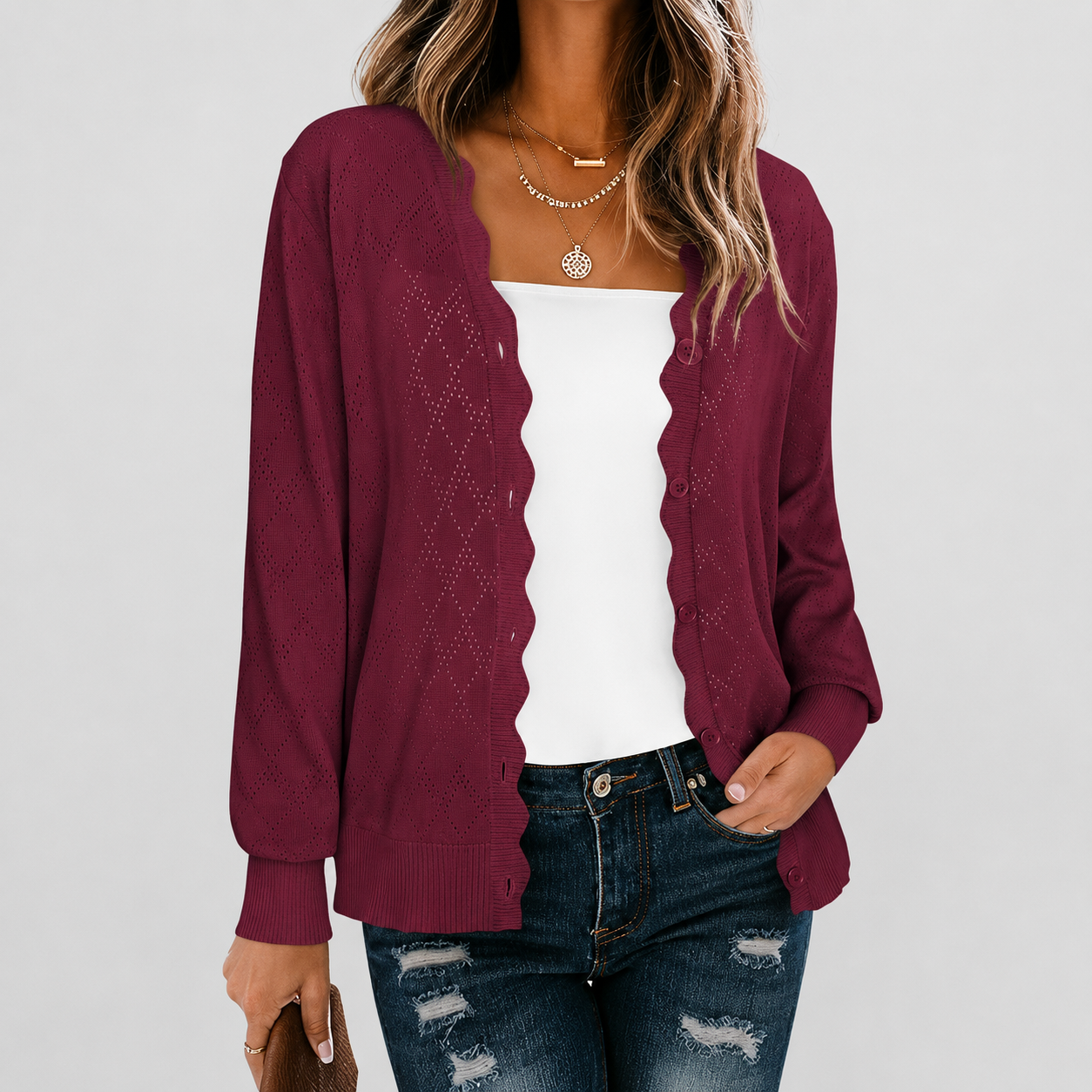 Casual Knit Front Lightweight Cardigan With Button For Women