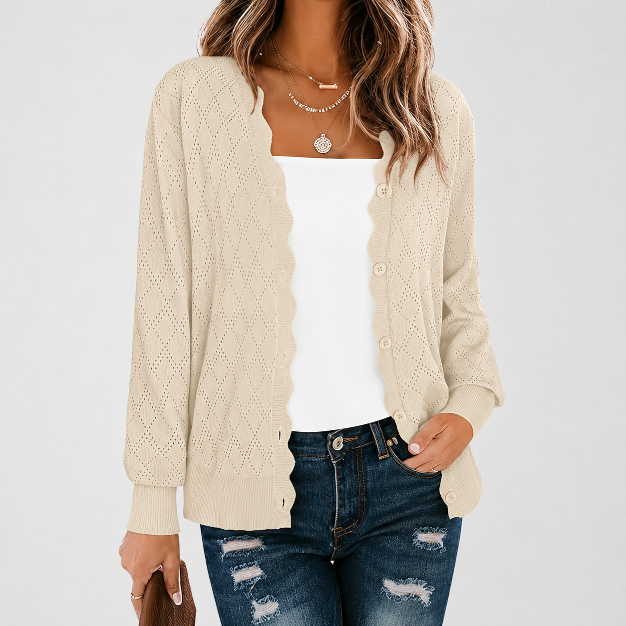 Casual Knit Front Lightweight Cardigan With Button For Women