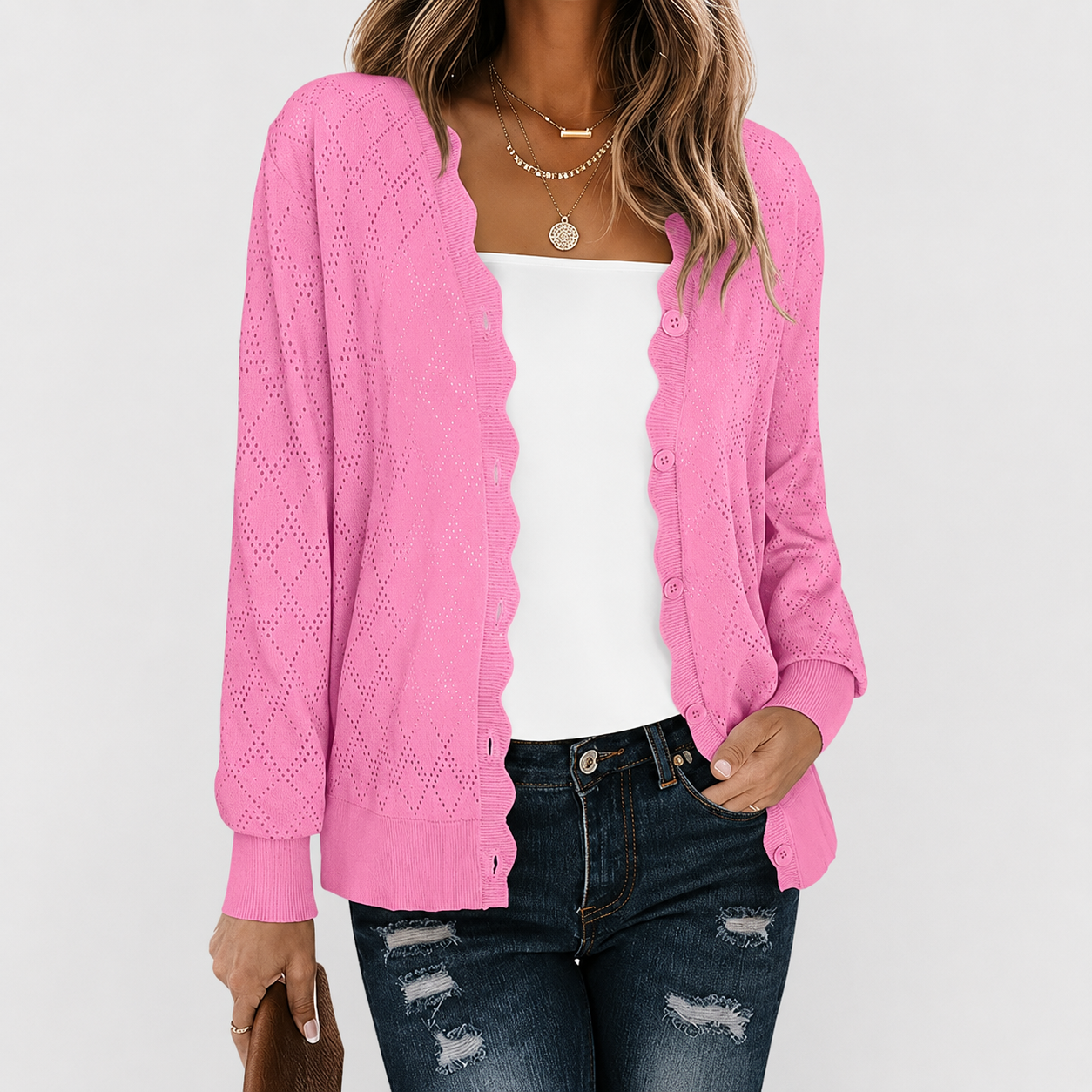 Casual Knit Front Lightweight Cardigan With Button For Women