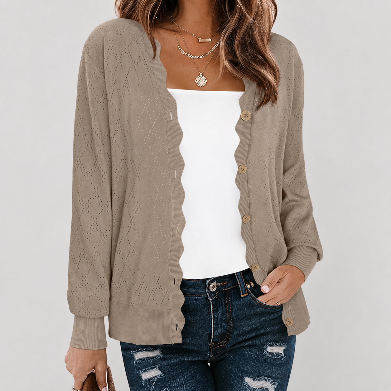 Casual Knit Front Lightweight Cardigan With Button For Women
