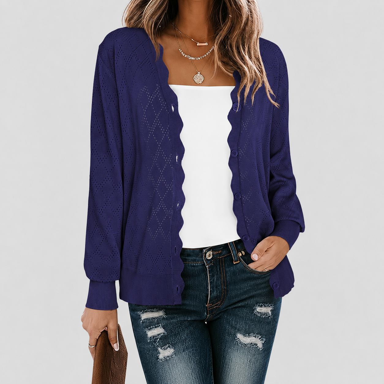 Casual Knit Front Lightweight Cardigan With Button For Women