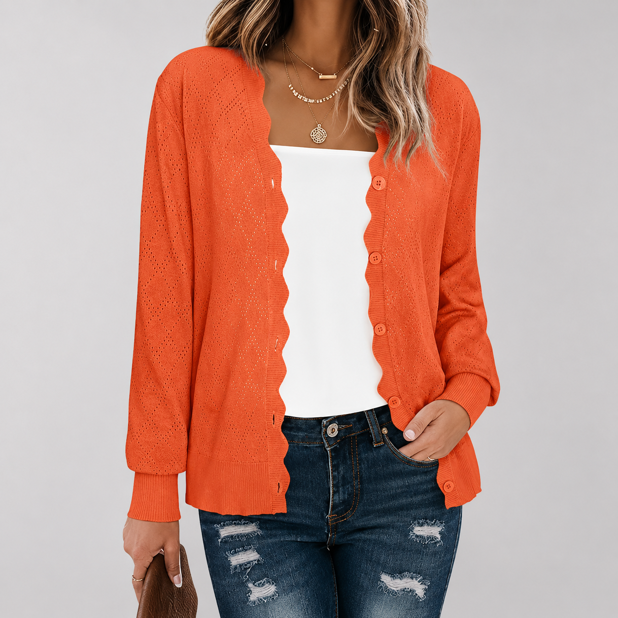 Casual Knit Front Lightweight Cardigan With Button For Women