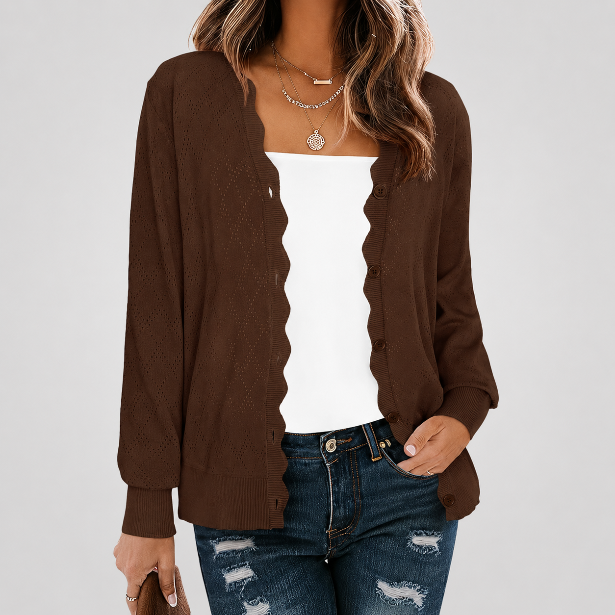 Casual Knit Front Lightweight Cardigan With Button For Women