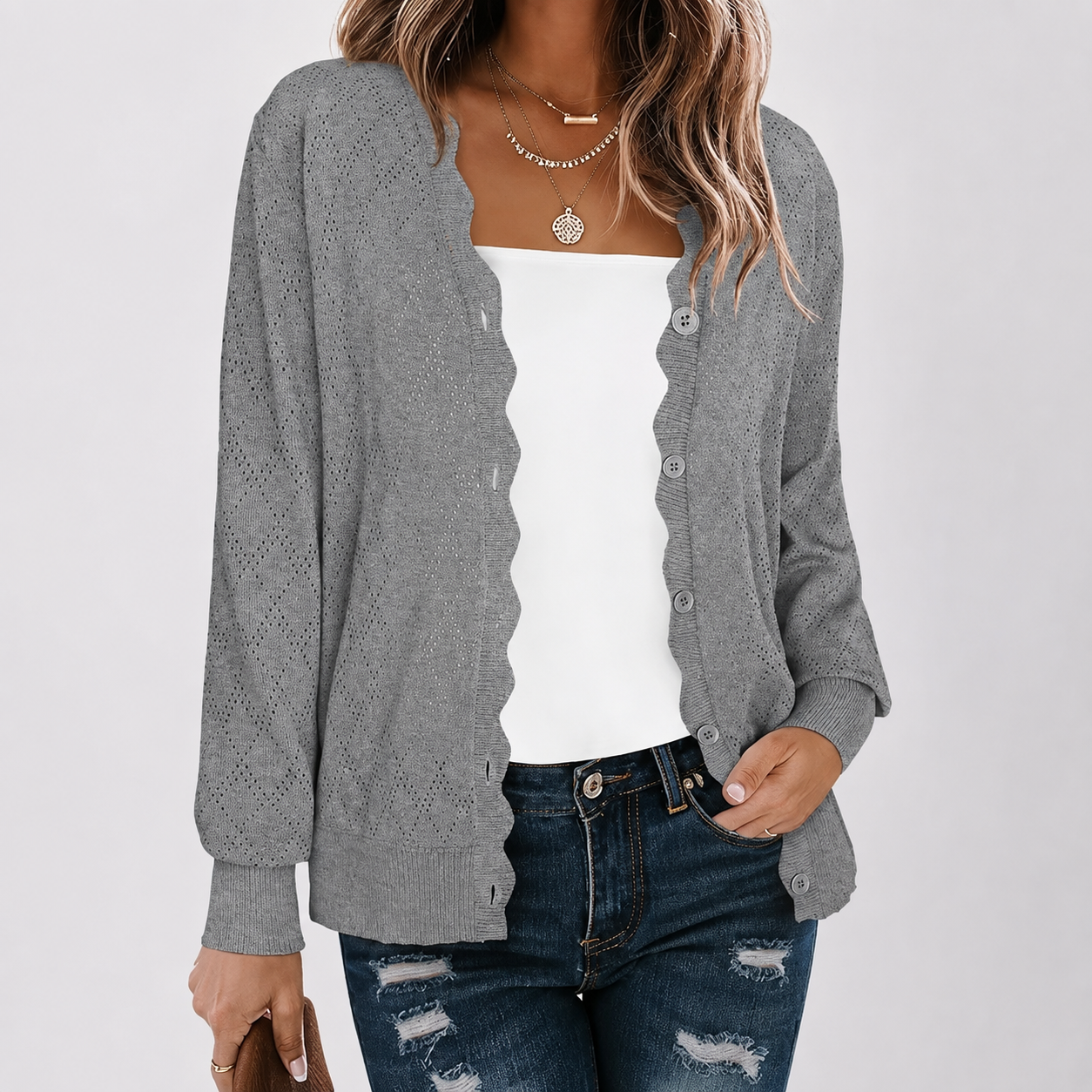 Casual Knit Front Lightweight Cardigan With Button For Women