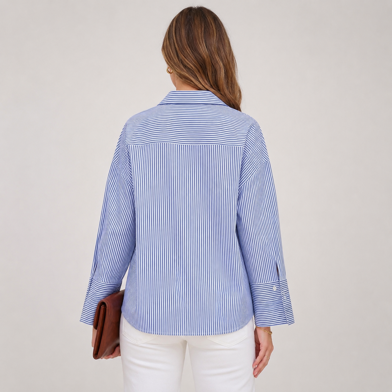 Striped Oversized Collared Button Down Casual Top for Women