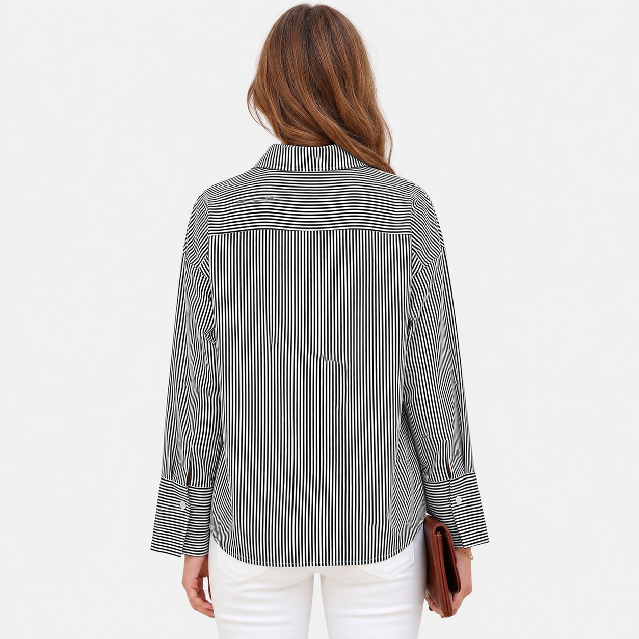 Striped Oversized Collared Button Down Casual Top for Women
