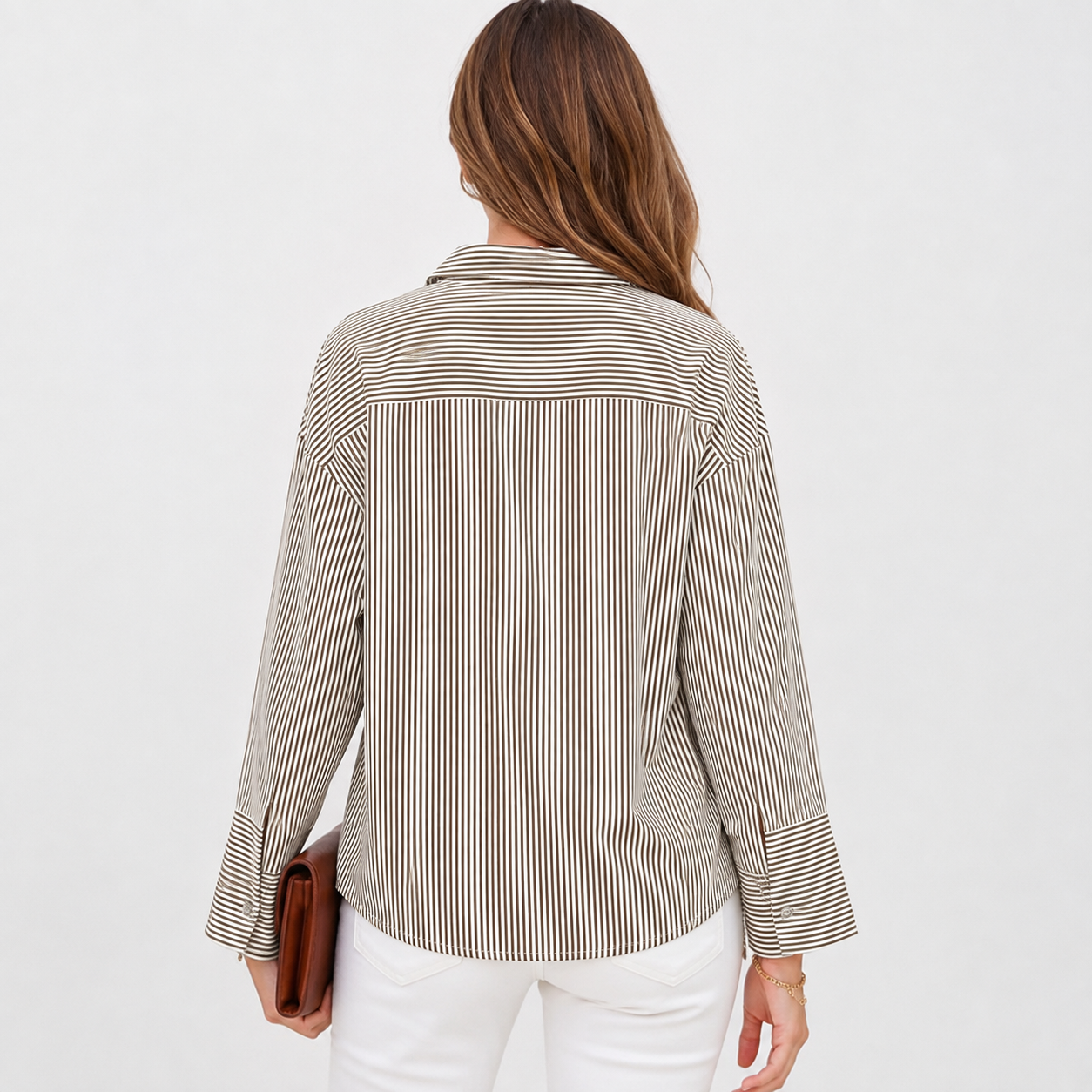 Striped Oversized Collared Button Down Casual Top for Women