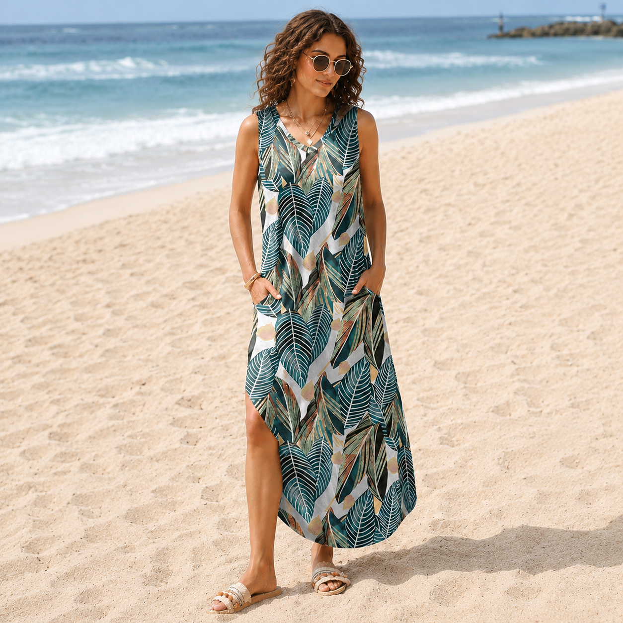 Summer Vacation Maxi Beach Sundress With Pockets