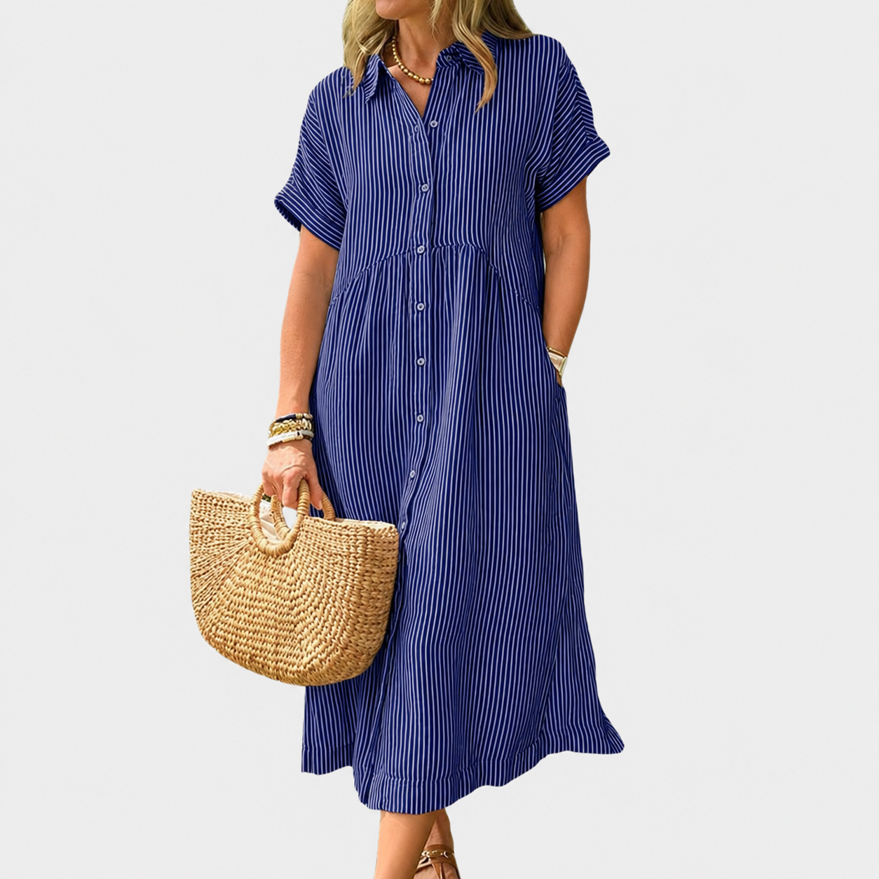 Casual Midi Short Sleeve Loose Striped Summer Dress For Women