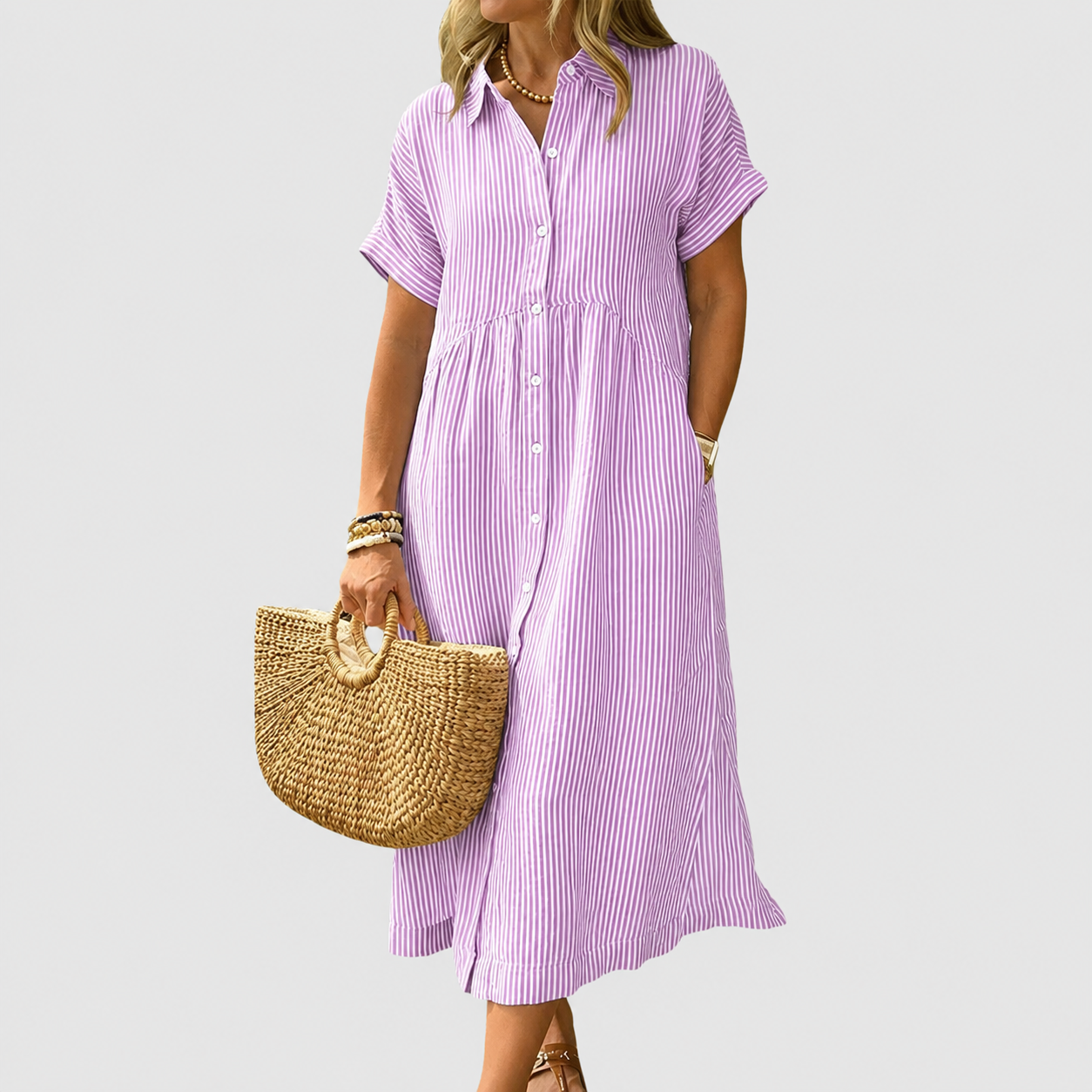 Casual Midi Short Sleeve Loose Striped Summer Dress For Women