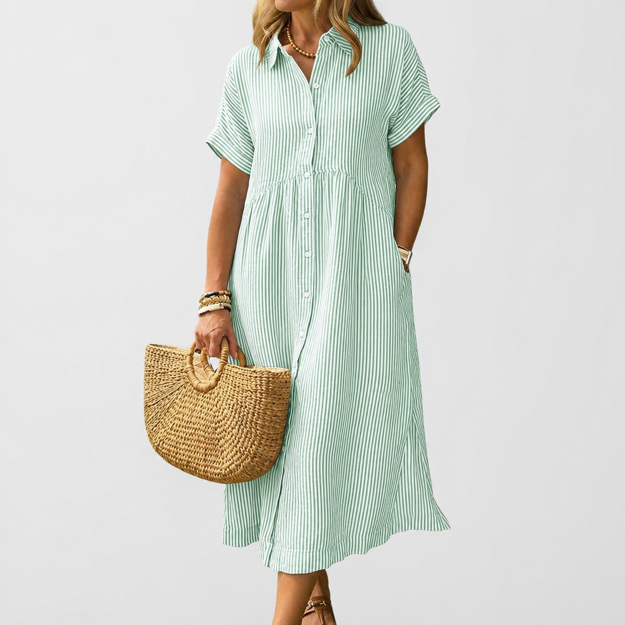 Casual Midi Short Sleeve Loose Striped Summer Dress For Women