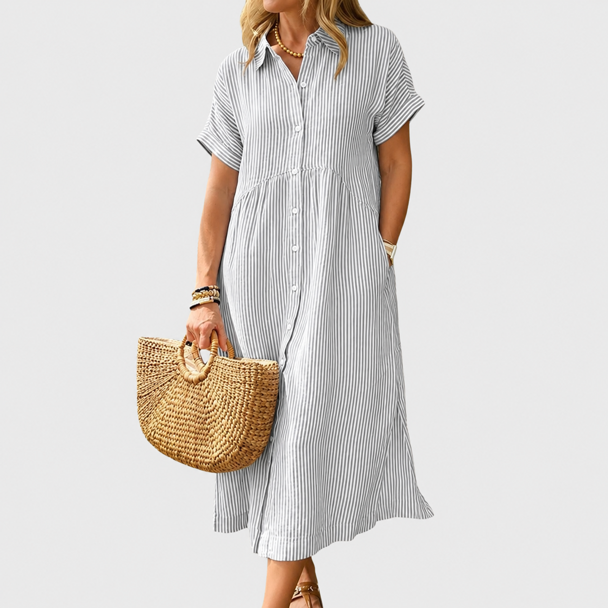 Casual Midi Short Sleeve Loose Striped Summer Dress For Women
