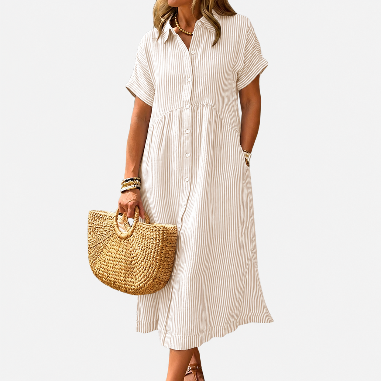 Casual Midi Short Sleeve Loose Striped Summer Dress For Women