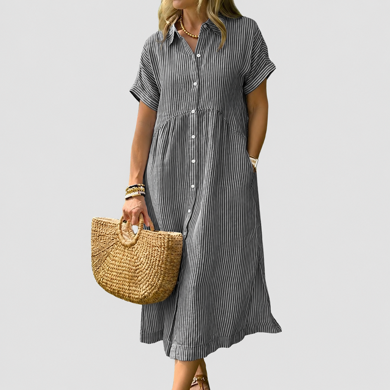 Casual Midi Short Sleeve Loose Striped Summer Dress For Women