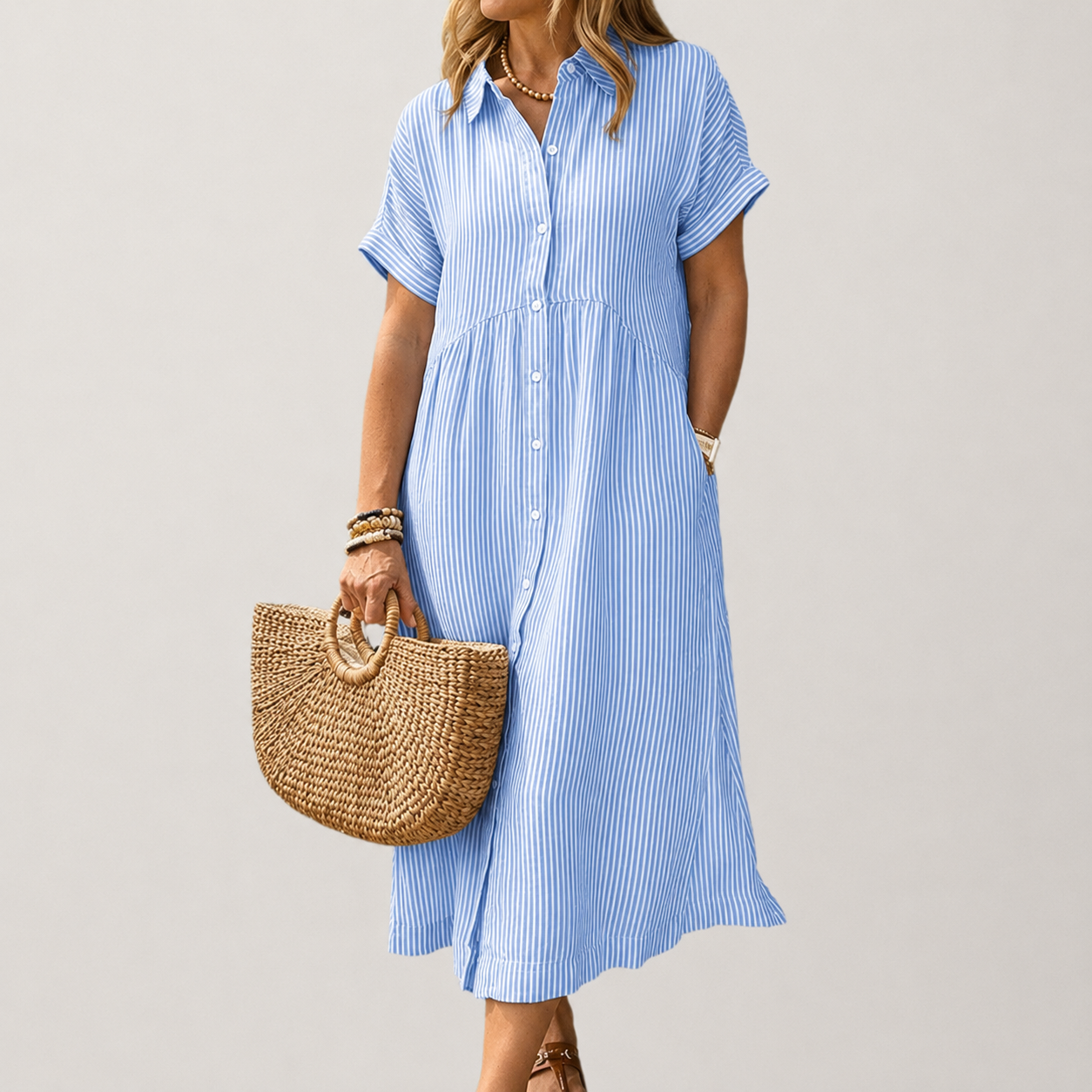 Casual Midi Short Sleeve Loose Striped Summer Dress For Women