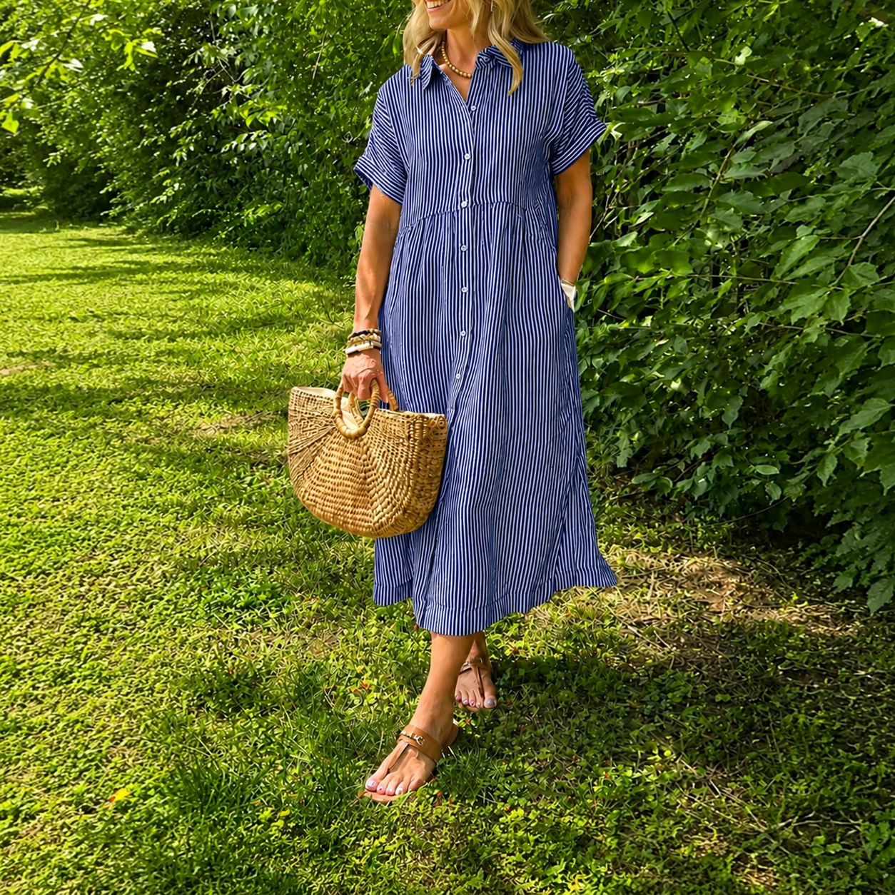 Casual Midi Short Sleeve Loose Striped Summer Dress For Women