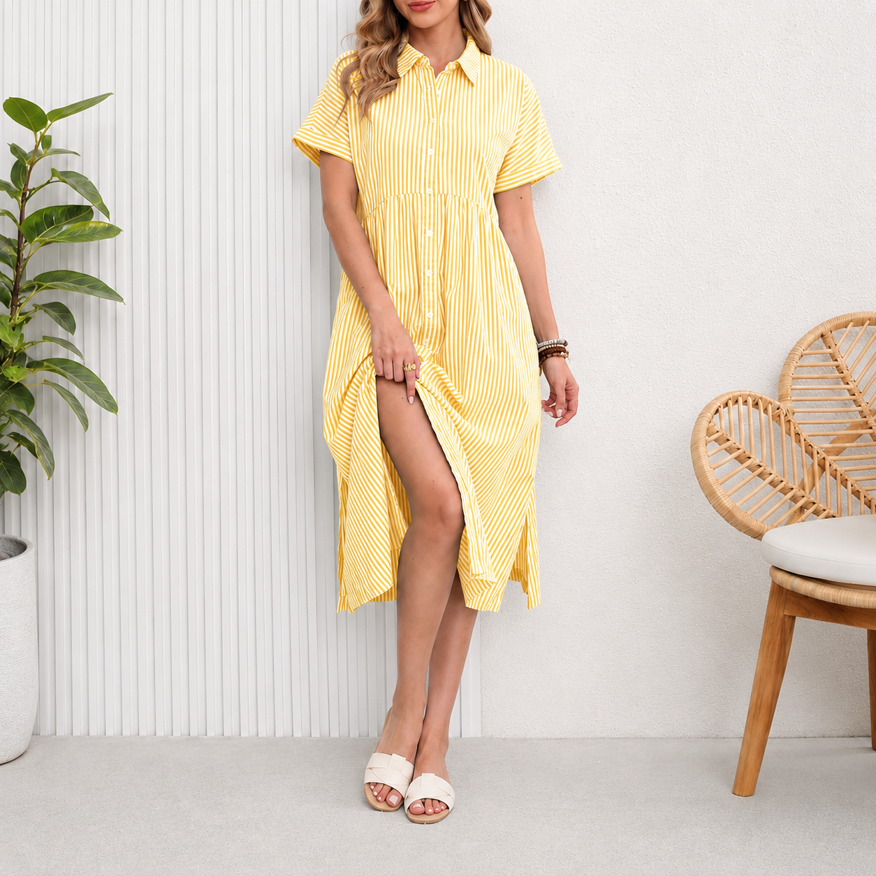 Casual Midi Short Sleeve Loose Striped Summer Dress For Women