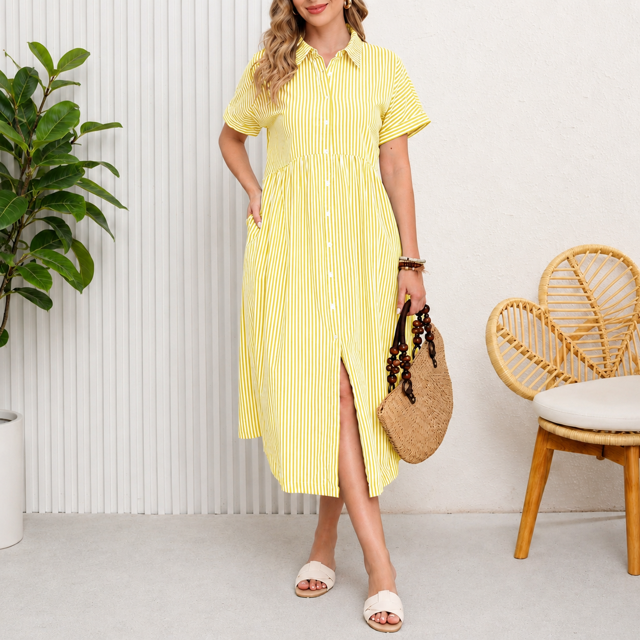 Casual Midi Short Sleeve Loose Striped Summer Dress For Women