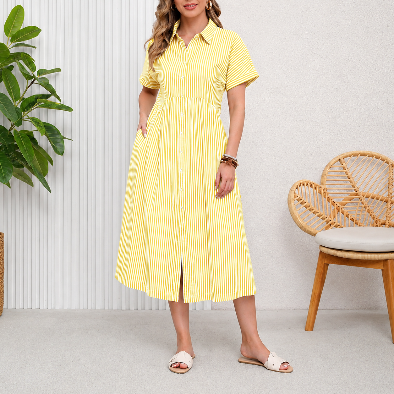 Casual Midi Short Sleeve Loose Striped Summer Dress For Women