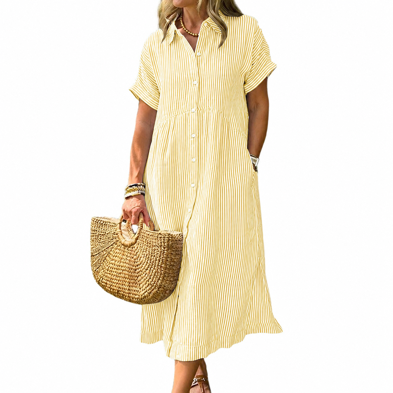 Casual Midi Short Sleeve Loose Striped Summer Dress For Women