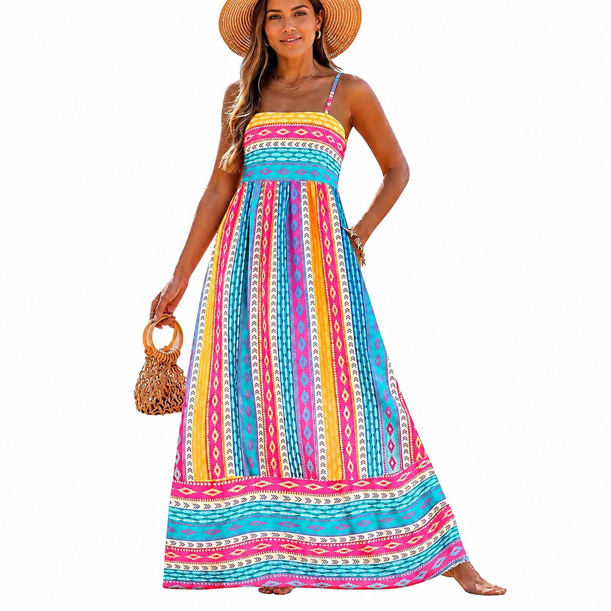 Casual Sleeveless Boho Beach Summer Maxi Dress With Spaghetti Strap For Women