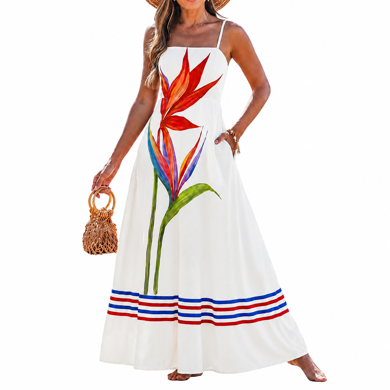 Casual Sleeveless Boho Beach Summer Maxi Dress With Spaghetti Strap For Women