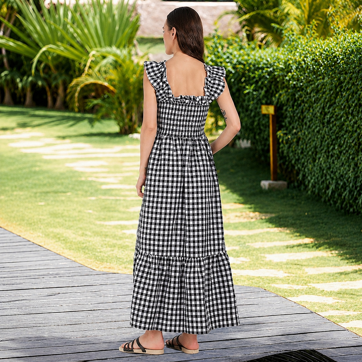 Plaid Smocked Sleeveless Maxi Dress With Spaghetti Straps For Women