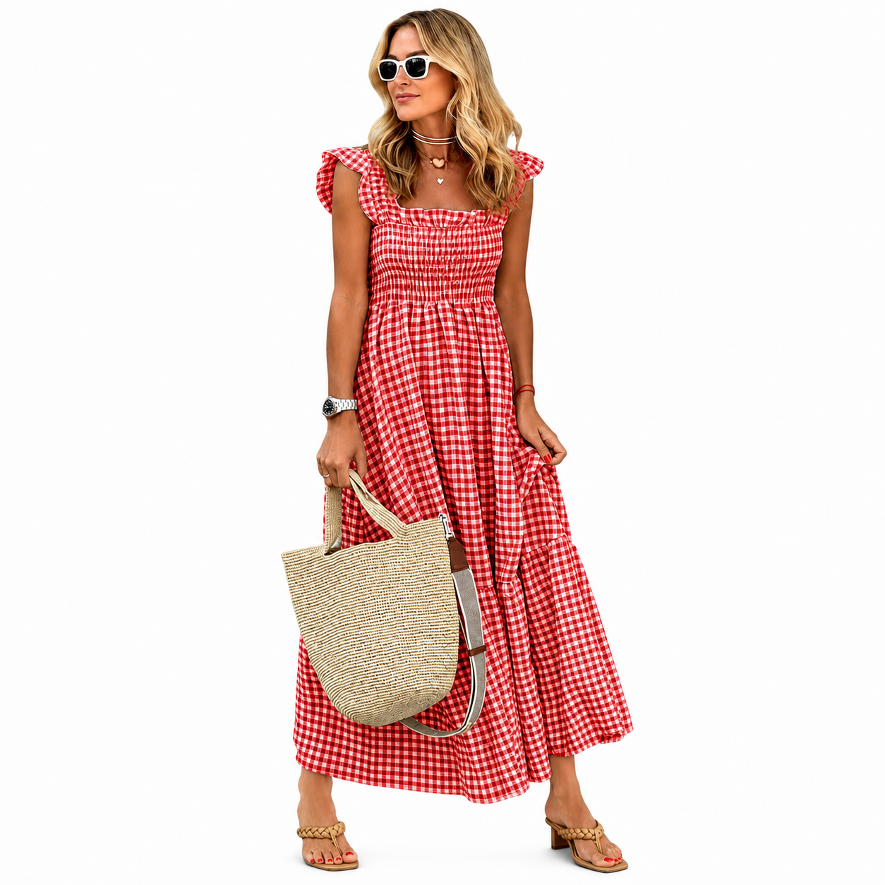 Plaid Smocked Sleeveless Maxi Dress With Spaghetti Straps For Women