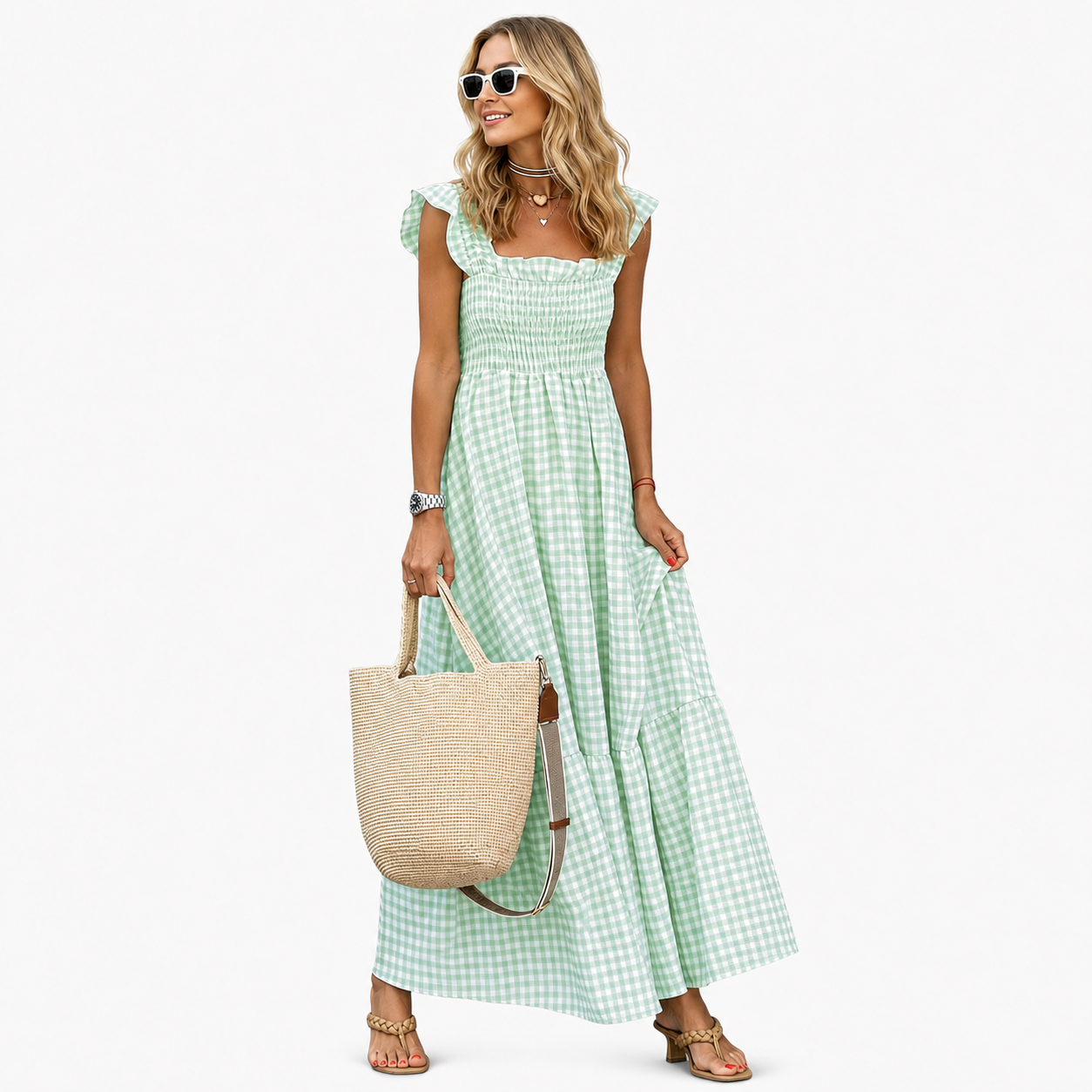 Plaid Smocked Sleeveless Maxi Dress With Spaghetti Straps For Women