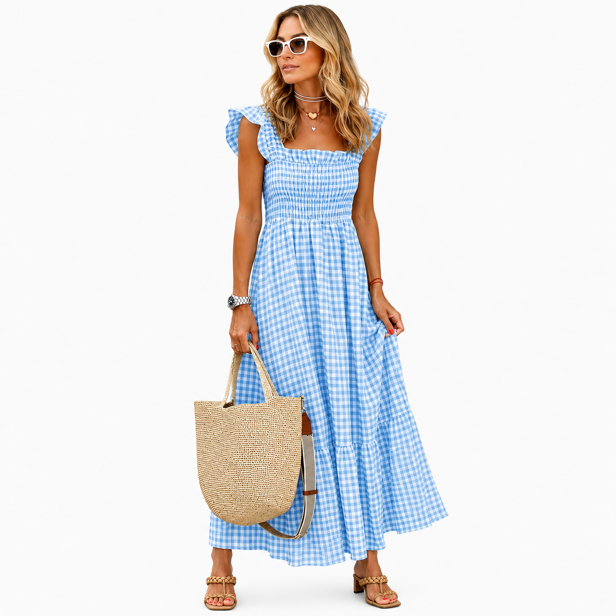 Plaid Smocked Sleeveless Maxi Dress With Spaghetti Straps For Women