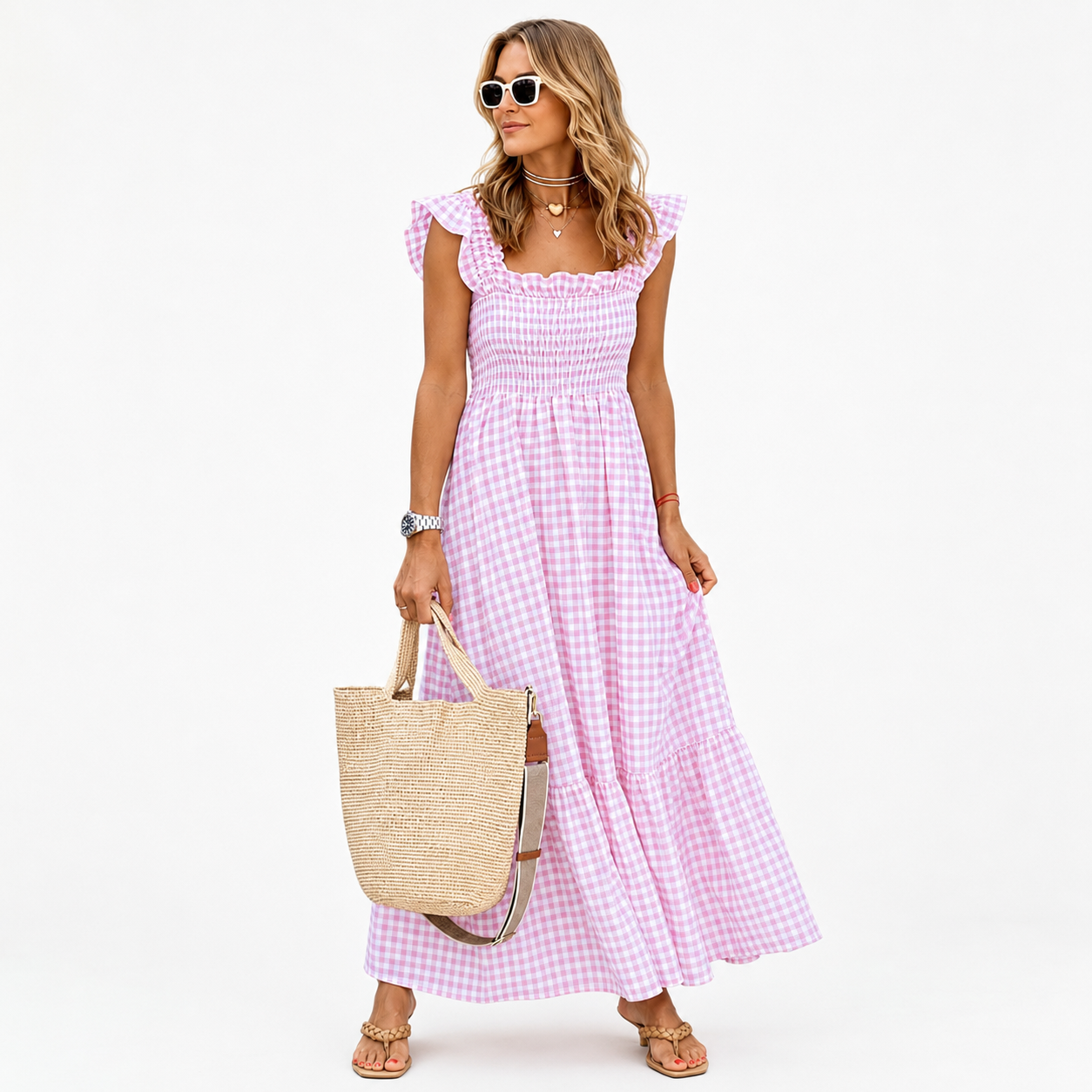 Plaid Smocked Sleeveless Maxi Dress With Spaghetti Straps For Women