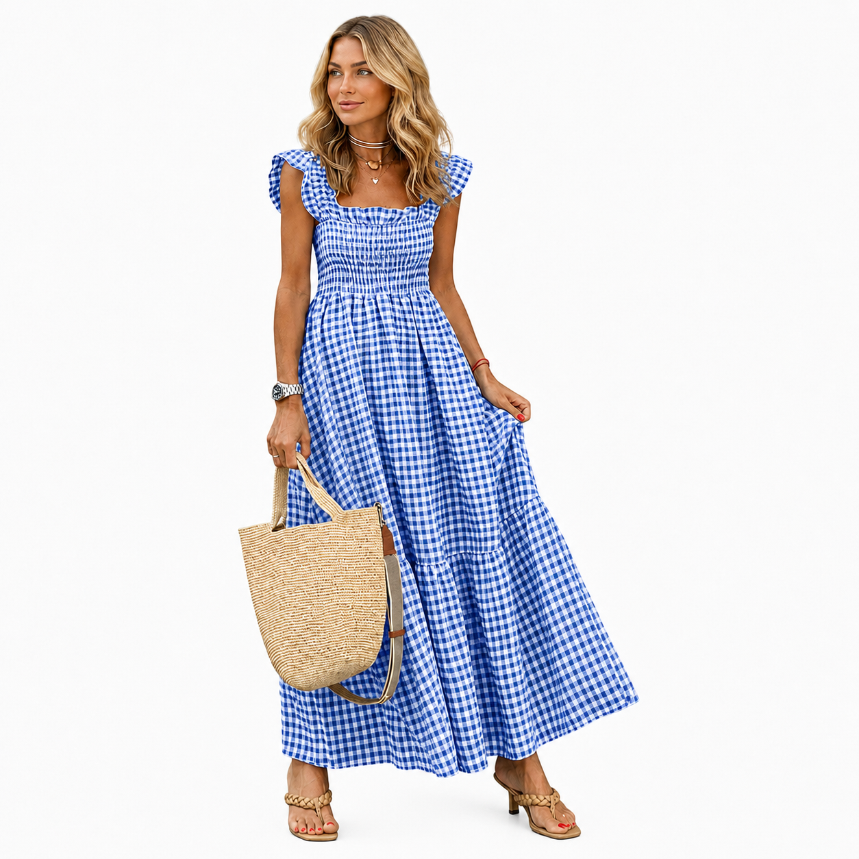 Plaid Smocked Sleeveless Maxi Dress With Spaghetti Straps For Women