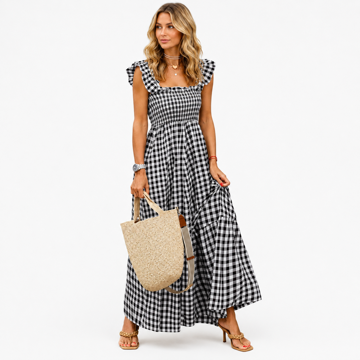 Plaid Smocked Sleeveless Maxi Dress With Spaghetti Straps For Women