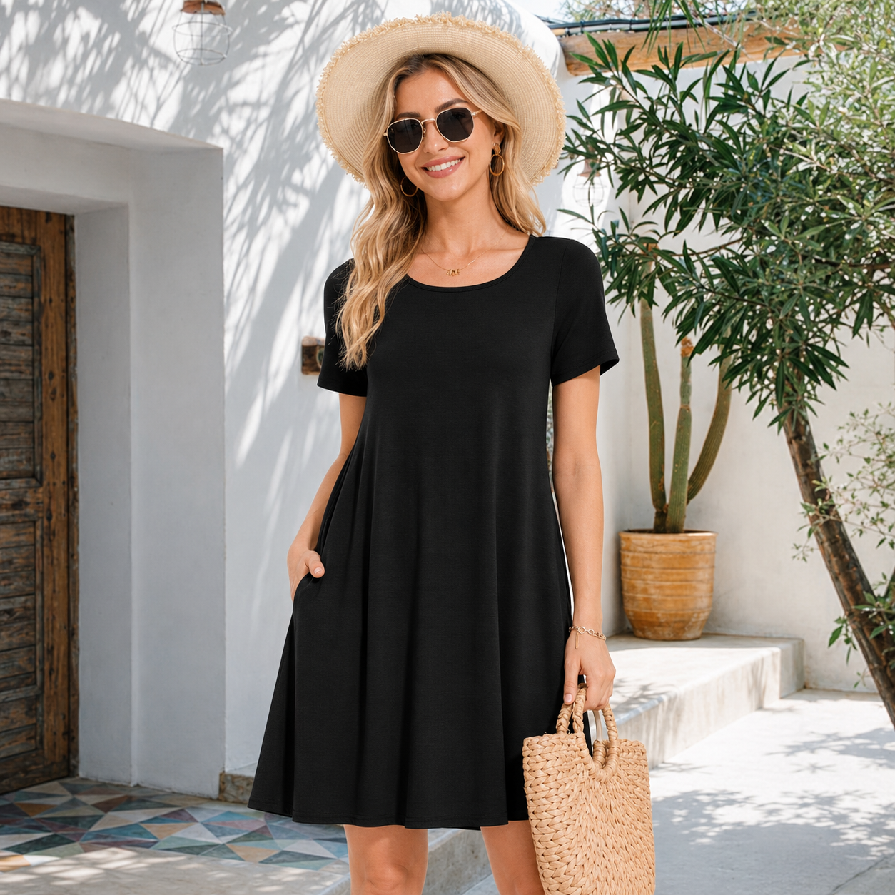 Casual Short Sleeve Sundress With Pockets For Women