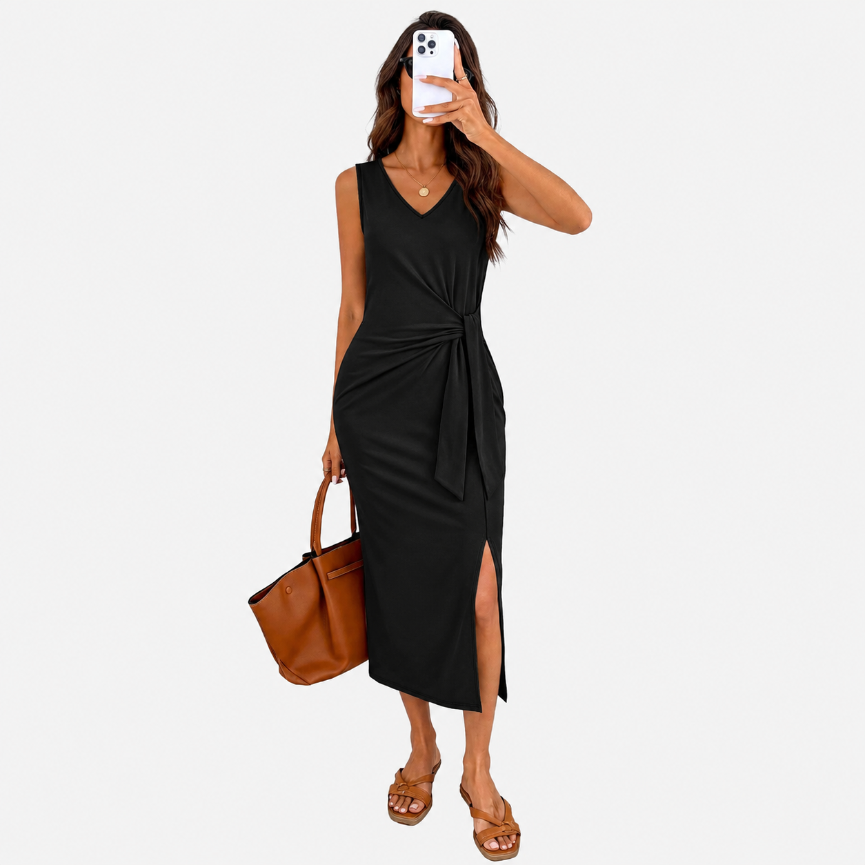 Casual Midi Sleeveless Summer Work Dress With Tie For Women