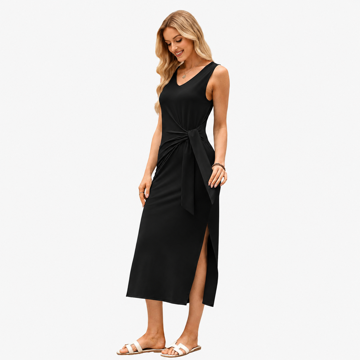 Casual Midi Sleeveless Summer Work Dress With Tie For Women