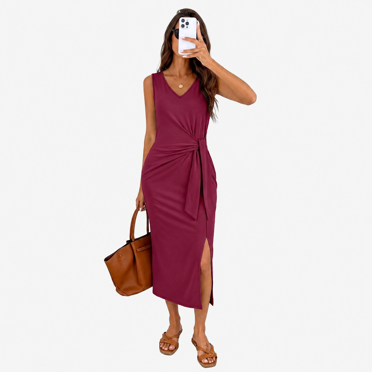 Casual Midi Sleeveless Summer Work Dress With Tie For Women