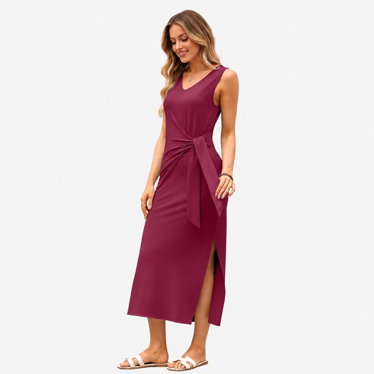 Casual Midi Sleeveless Summer Work Dress With Tie For Women